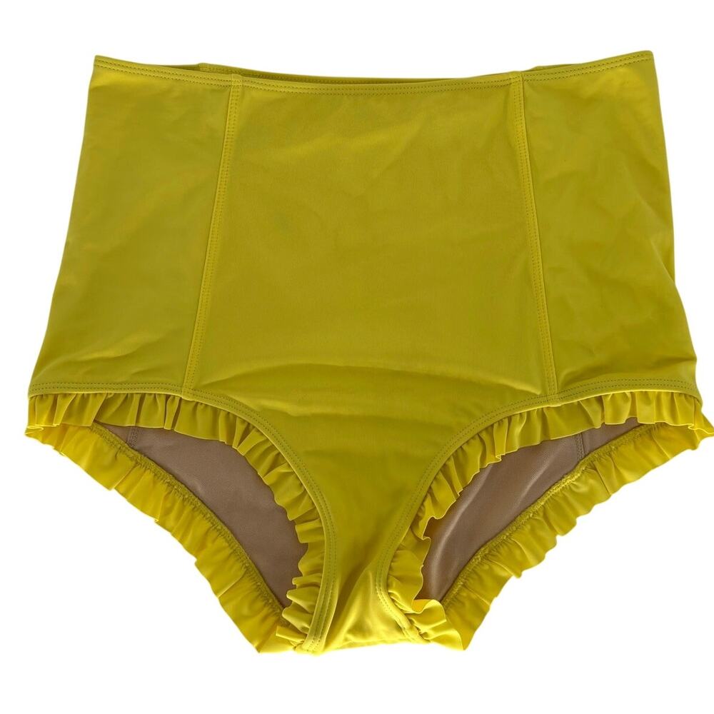 Kortni Jeane Bright Yellow High Waisted Swimsuit Bottoms, Size M, Ruffle Trim